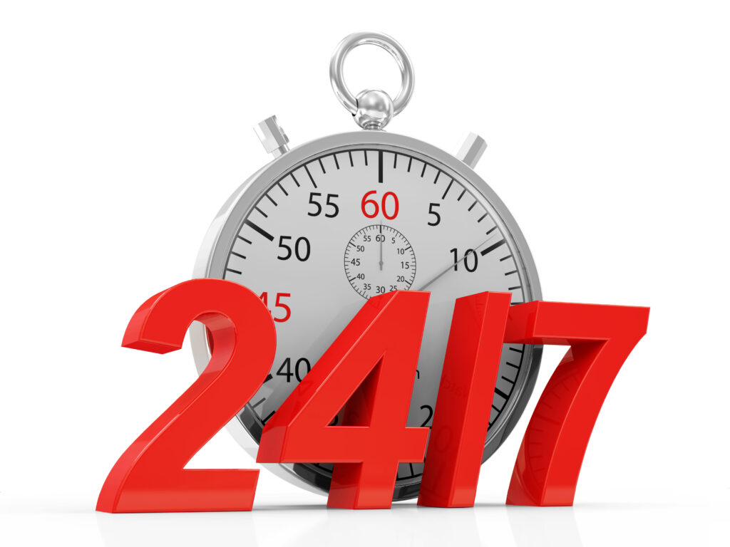 Stopwatch and 24 / 7 symbol isolated on white background. 
