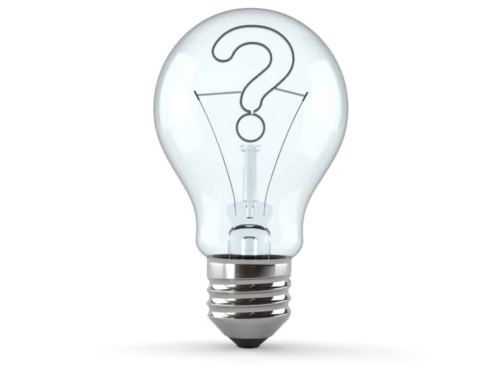 Lightbulb with question mark.