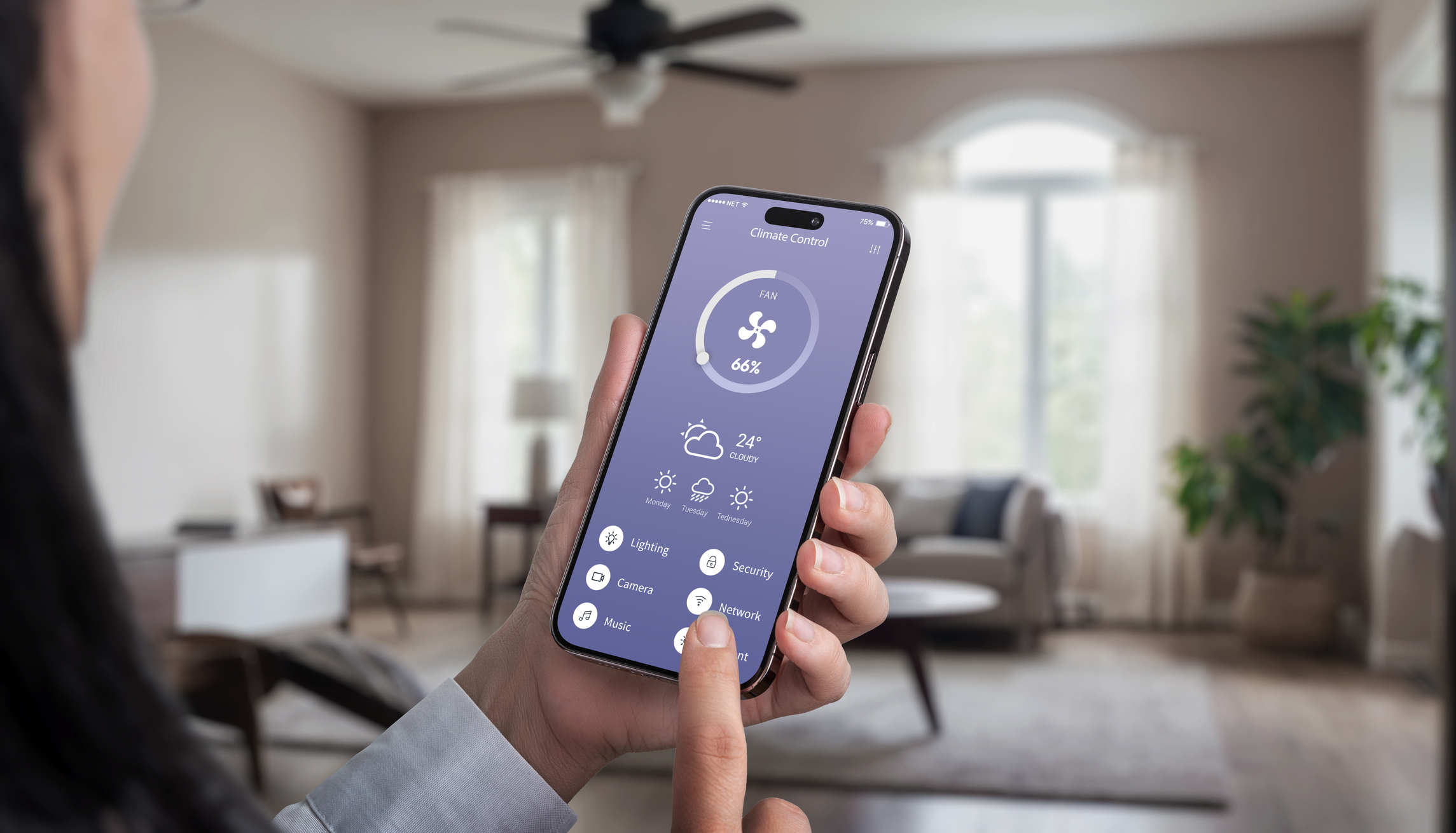 Controlling ceiling fan in the living room with a mobile app, Ceiling Fans.