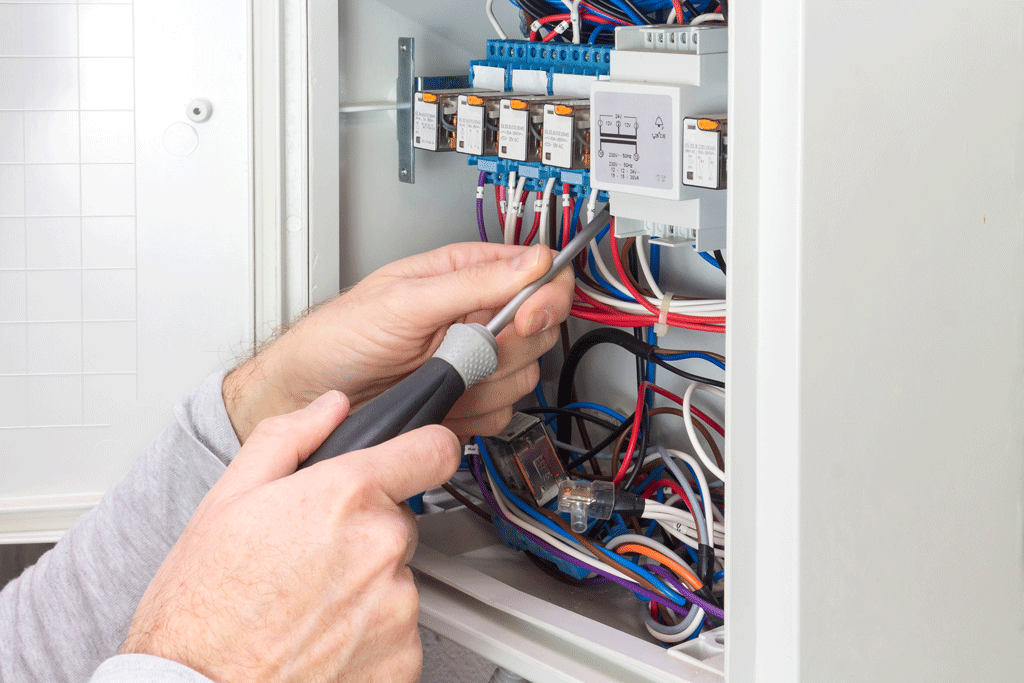 electrician using tool to work on electrical panel electrical repair wilmington nc 