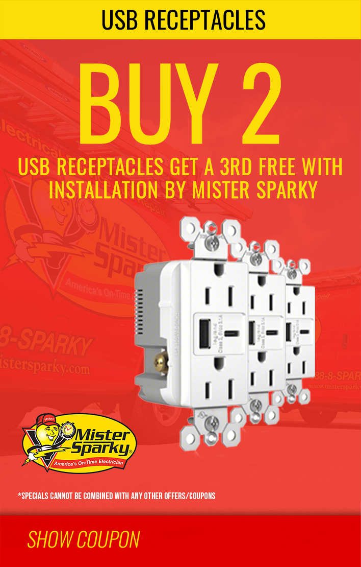 Buy 2 USB receptacles get a 3rd free with installation by Mister Sparky Coupon